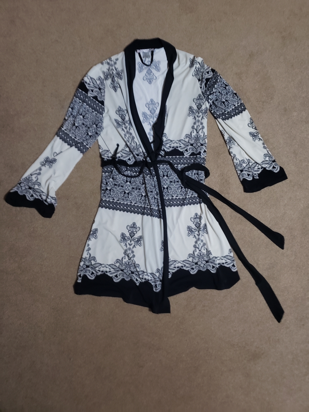 Linea Donatella Black and White Printed Satin Robe with Tie Belt